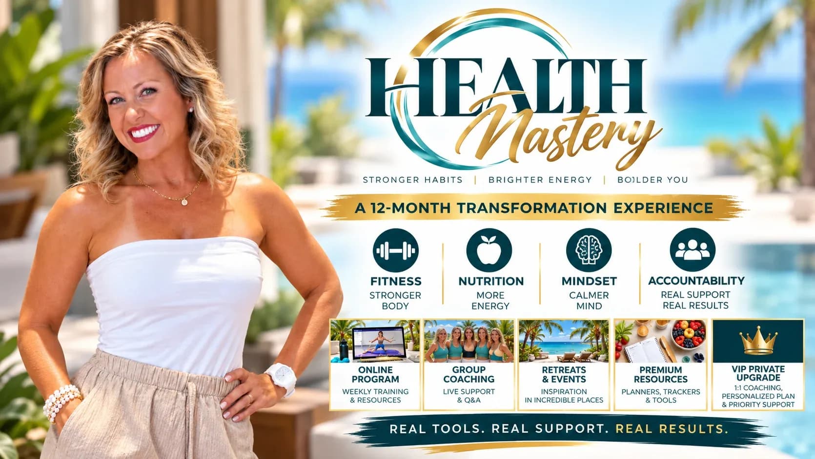 Health Mastery — a 12-month transformation experience. Krystalore Crews smiling poolside by the ocean: fitness, nutrition, mindset and accountability; online program, group coaching, retreats and events, premium resources and the VIP private upgrade. Real tools, real support, real results.